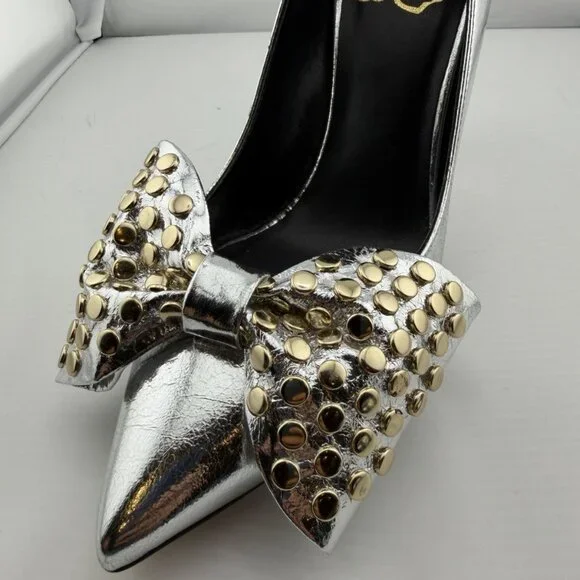 Ted Baker London Metallic Silver Studded Bow Heels - Picture 10 of 16